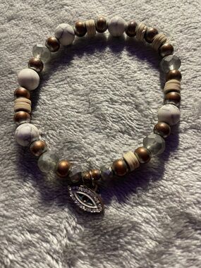 White Howlite and Bronze Bead Bracelet with Eye Charm